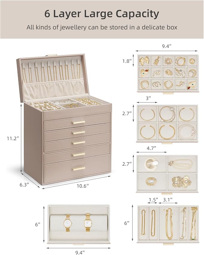 VLANDO 6 Layer Large Jewelry Box - Jewelry Holder Organizer, Jewelry Box Organizer for Drawer Necklace Ring Bracelet and Watch, Birthday Gift for Loved Ones - Toffee - Image 4