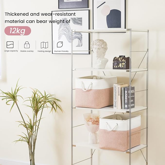 Large Storage Baskets- 16x12x12 inch Storage Bins for Shelves and Closet Organizing, Foldable Fabric Bin for Home Organization Clothes and Laundry (1-Pack, White&Pink) - Image 3