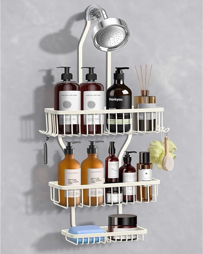 Shower Caddy Hanging - Never Rust Shower Hanging Organizer - Aluminum Over the ShowerHead Caddy with Soap Basket and 6 Hooks for Razor/Sponge (Milky White) by MSAICOE