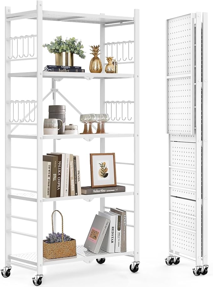 Himix Storage Shelves with 20 Hooks, 5-Tier Foldable Shelves for Storage, Collapsible Organization Rack Bookshelf 440 Ibs for Kitchen Garage Home Room, White - No Assembly by Himix