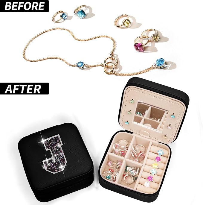 Uygafly Travel Jewelry Case - Personalized Jewelry Box for Women,Small Jewelry Organizer Cute Jewelry Organizers and Storage Aesthetic,Travel Essentials Birthday Gifts for Girls Women | Black,J - Image 6