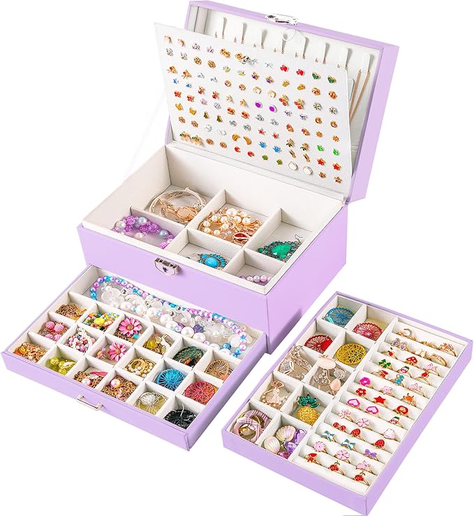 QBestry Earrings Jewelry Box for Girls, 5 Layers Jewelry Organizer with Earring Holder Organizer for Girls Earring Organizer Jewelry Boxes for Women Earrings and Necklaces Jewelry Box Organizer Violet by QBestry