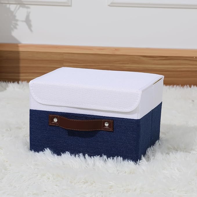 ANMINY Storage Boxes with Lids Washable Decorative Storage Bins Basket with PU Leather Handle Foldable Linen Fabric Storage Cubes Containers for Home Closet Organizer - Deep Blue White, Small Size - Image 6