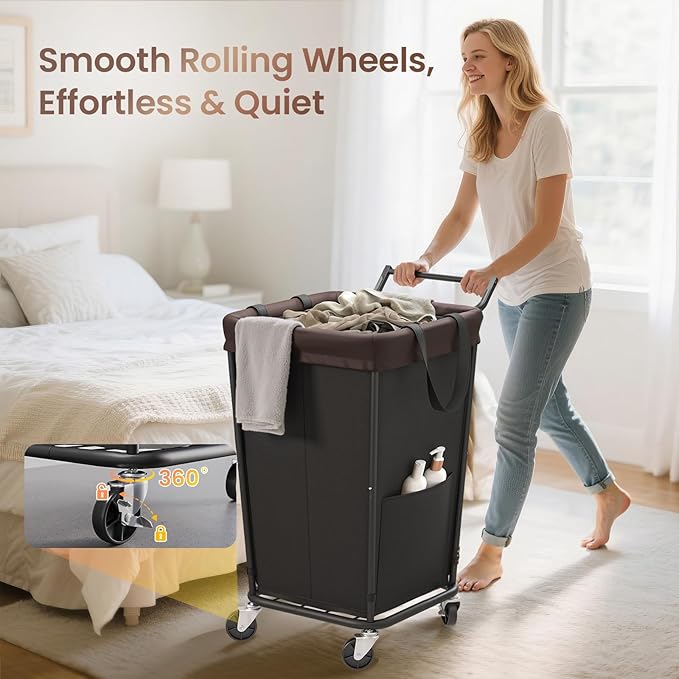 160L Laundry Hamper with Wheels and Handle, 2-Section Rolling Hamper for Laundry, Large Laundry Basket with Wheels, Rolling Laundry Basket Clothes Hamper for Home, Bathroom and Dorm(Black) - Image 3