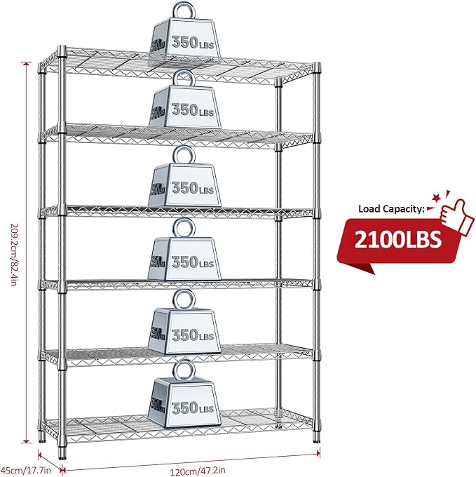 IZEUK 6-Tier Heavy Duty Metal Wire Shelving Unit, Adjustable Storage Rack Organizer for Garage, Kitchen, Office, Pantry, Warehouse (Chrome, 17.7" D x 47.2" W x 82.7" H) - Image 3