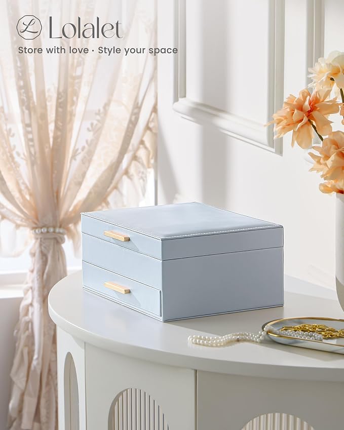 Lolalet 2-Layer Jewelry Box Organizer for Women Girls, Jewelry Storage Case Holder with Drawers for Necklaces Ring Earrings Bracelet Watch, Gifts Choice for Mom Mother’s Day -Blue - Image 3
