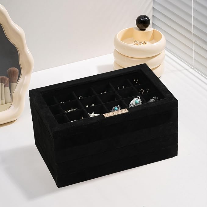 Frebeauty Earring Holder Stackable Jewelry Trays,Velvet Drawer Jewelry Organizer with Glass Lid, 5 in 1 Jewelry Box for Earrings Rings Studs,10.5 x 6.5 x 5.55 Inches Gift for Women (Black) - Image 6