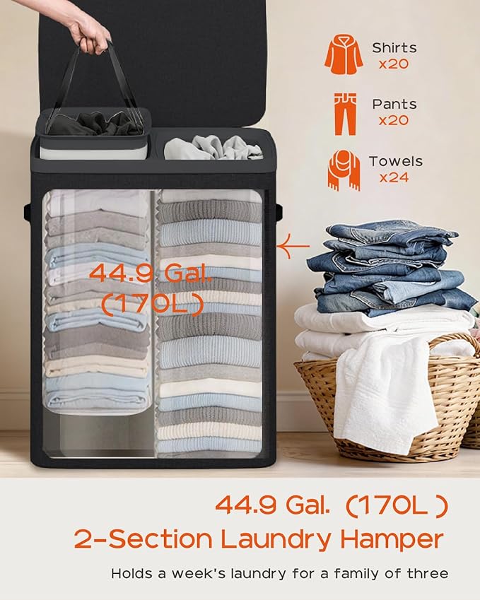 CASAMAYA Laundry Basket with Lid, Laundry Hamper 2 Section, 170L collapsible Laundry Organizer, Easy Assembly, with Handles and Removable Liners, 22 x 15.7 x 29.5 Inches, Black JSP903B - Image 3