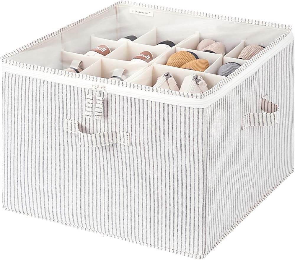 StorageWorks Shoe Organizer for Closet, Fits up to 16 Pairs, Shoe Cubby Storage Containers with Adjustable Dividers and Clear Cover, Khaki and Beige Stripes by StorageWorks