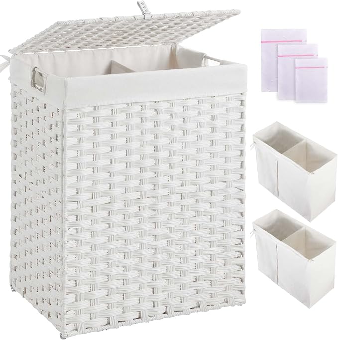Greenstell Laundry Hamper with 2 Removable Liner Bags，90L Divided Clothes Hamper, Handwoven Synthetic Rattan Foldable Laundry Basket with Lid and Handles White (18.5 x 13.3 x 24.0Inches) by Greenstell