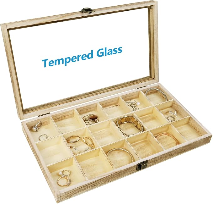 Mooca Wooden Display Storage Case with Tempered Glass Lid for Jewelry and Beads with 18 Compartments Tray, Oak Color, 15" W x 8 3/4" D x 2" H - Image 4