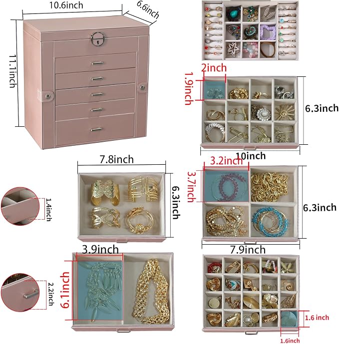 BOOVO Jewelry Box For women, 6 Layer Large Jewelry Organizer With Mirror, Multi-Function Storage Box With Lock, Accessory Holder With 5 Drawers, For Earrings Necklace Ring Bracelet (Rose Gold) - Image 4