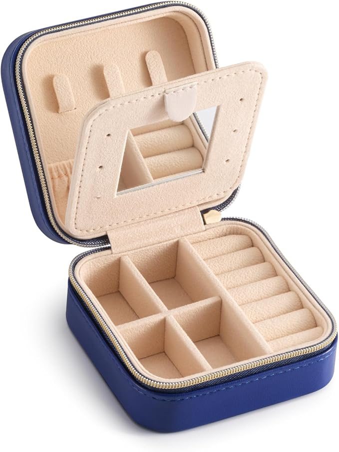 TRODANCE Jewelry Travel Case with Mirror,Small Travel Jewelry Organizer, Portable Jewelry Box Travel Mini Organizer Portable Display Storage Box For Rings Earrings Necklaces (NavyBlue) by TRODANCE