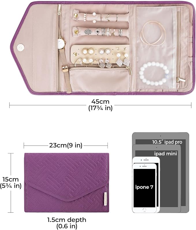 BAGSMART Travel Jewelry Organizer Roll Foldable Jewelry Case for Journey-Rings, Necklaces, Bracelets, Earrings,Purple - Image 6
