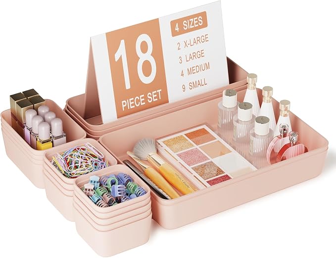 Plastic Drawer Organizers, 18 PCS Bathroom Drawer Organizer Bins, Desk and Vanity Organizer Plastic Tray, Makeup organizer and storage for Bedroom, Kitchen Gadgets Utensils and Office (Pink) by Homhut