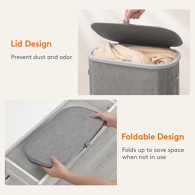 Lifewit Slim Laundry Basket with Lid, Narrow Large Laundry Hamper with Plastic Handles and Removable Bag, Tall Foldable Dirty Clothes Hampers for Laundry Room, Bedroom, Bathroom, Dorm, 65L Gray - Image 7