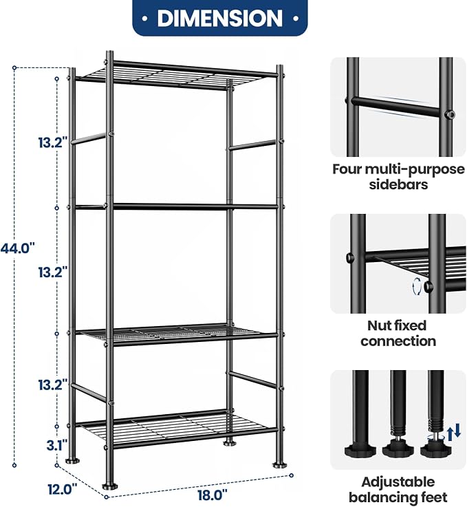 Abiglifty Storage Shelves, 4-Tier Wire Shelving, Metal Shelving with Adjustable Leveling Feet, Garage Storage for Bathroom, Closet, Kitchen - Image 2