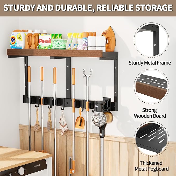 Broom Holder Wall Mount with Cleaning Supplies Organizer, Laundry Room Shelves with Mop Hanger Rack Gripper Hooks and Vacuum Organizer, Broom and Mop Organizer Wall Hanging for Home Garage Kitchen - Image 3