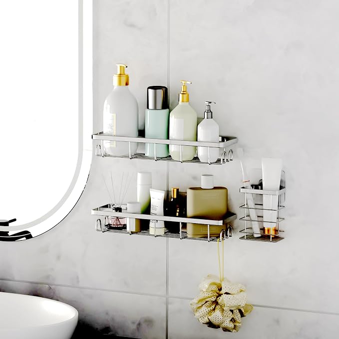 Shower Caddy Organizer with Hooks,Self Adhesive Bathroom Shelves,Shower Shelves,No Drilling Bathroom Organizers and Storage,Perfect for RV, Apartment, Home Decor,Silvery 3PK - Image 6