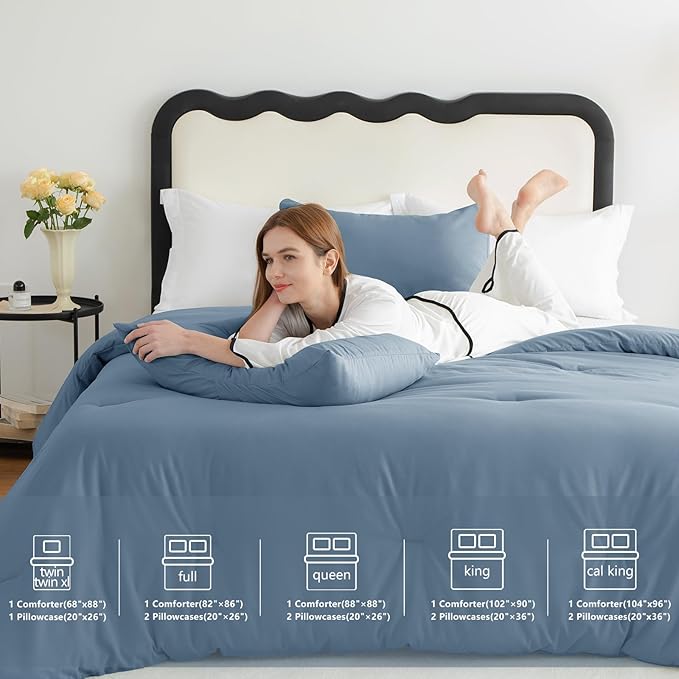 CozyLux Oversized King Comforter Set Grayish Blue, 3 Pieces 120x98 Solid Breathable Quilted Bedding Sets, Dusty Blue Luxury Soft Lightweight Bed Set with Down Alternative Comforter and 2 Pillowcases
