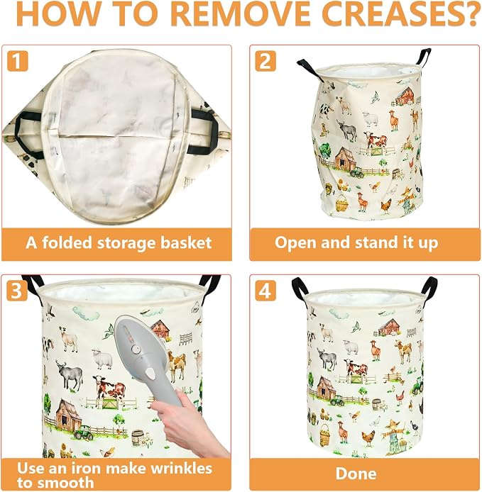 Collapsible Kids Laundry Basket Clothes Hamper, Foldable Storage Organizer Bin, Toy Clothes Storage with Handles for Boys Girls Bedroom, Room Decor Farm - Image 6