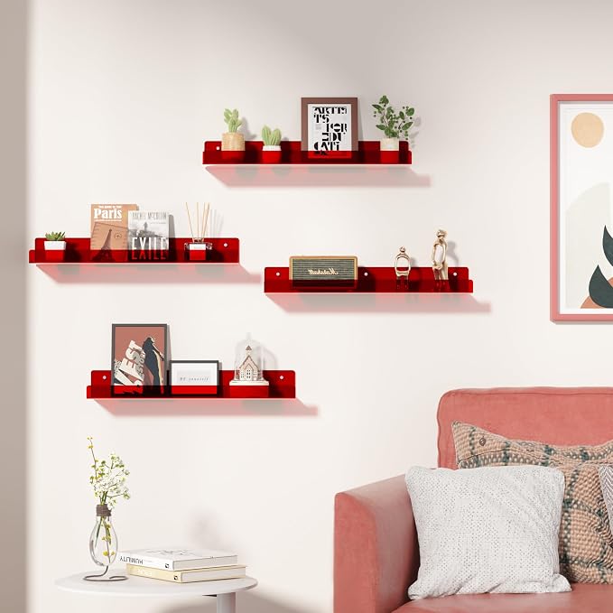upsimples Acrylic Shelves for Wall Decor, 15" Display Shelf Perfume Organizer for Bathroom, Bedroom, Living Room, Floating Bookshelves for Kids, Clear Red, 4 Pack - Image 2