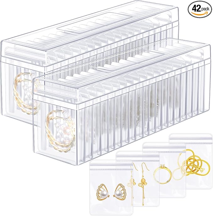 Kenning 42 Pcs Acrylic Jewelry Case Organizer, Clear Jewelry Organizers Holder with Portable Anti Tarnish Storage Bags for Rings, Earrings, Necklaces, Ideal Gifts for Women (Clear) by Kenning