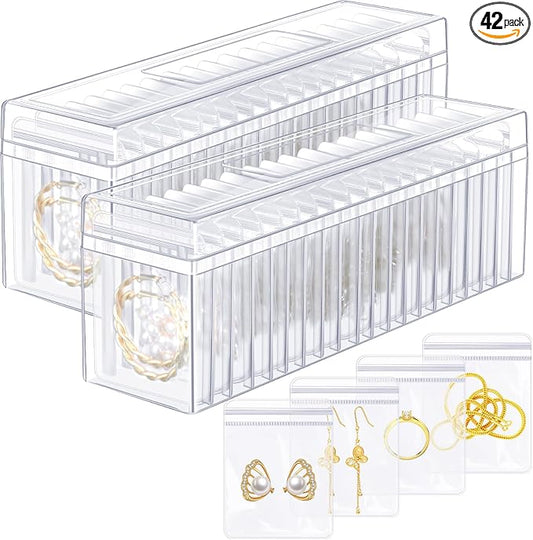 Kenning 42 Pcs Acrylic Jewelry Case Organizer, Clear Jewelry Organizers Holder with Portable Anti Tarnish Storage Bags for Rings, Earrings, Necklaces, Ideal Gifts for Women (Clear) by Kenning