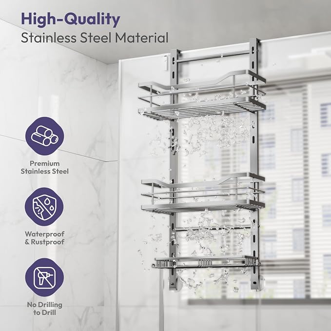 SWTYMIKI Over the Door Shower Caddy - 3 Tier Adjustable Shower Organizer Hanging with Soap Holder, No Drilling Stainless Steel Bathroom Rack Hanging for Body Wash, Shampoo, Soap, Razor, Silver - Image 6