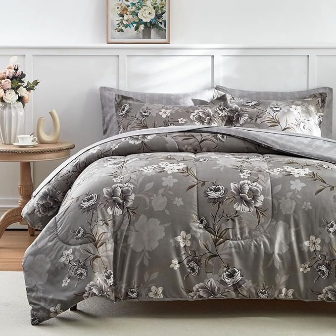 AIKASY 7-Piece Queen Size Bed in a Bag Comforter Set - Taupe Floral Ensemble with Reversible Botanical Flowers Comforter, Sheets, Pillowcases & Shams