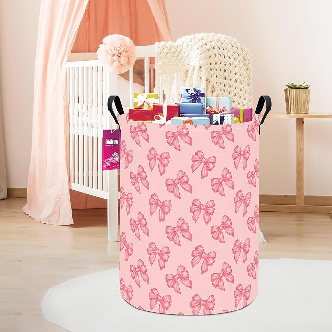 Laundry Hamper Large Canvas Fabric Lightweight Storage Basket/Toy Organizer/Dirty Clothes Collapsible Waterproof for College Dorms, Boys and Girls Bedroom,Bathroom(Pink bowknots) - Image 6