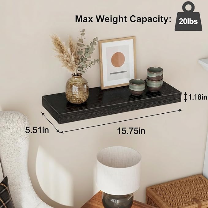 Fixwal Black Floating Shelves for Wall, Rustic Wood Shelves for Bathroom, Living Room, Bedroom and Kitchen, Wall Shelves for Storage, Books, Room Decor (Set of 4, 15.8 Inch) - Image 3