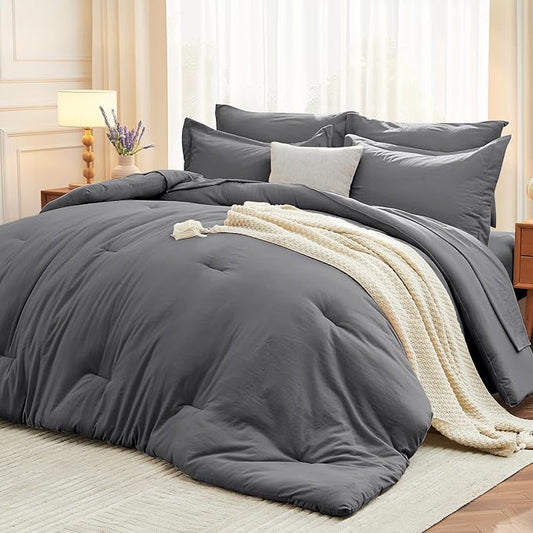 MUXHOMO 7 Pieces Full Comforter Set, Soft Bed in a Bag Full Size, All Season Bedding Set with Comforter, Flat Sheet, Fitted Sheet, Pillowcases & Shams, Dark Grey