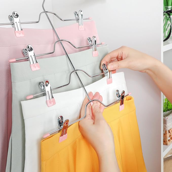 TOPIA HANGER 4 Tier Metal Skirt Hangers for Women, Pants Hanger Space Saving with Adjustable Clips, Gain 70% More Space, Non Slip Grip for Slacks, Trousers, Shorts, Jeans, Towels, Pink, 3-Pack, CT24P - Image 4