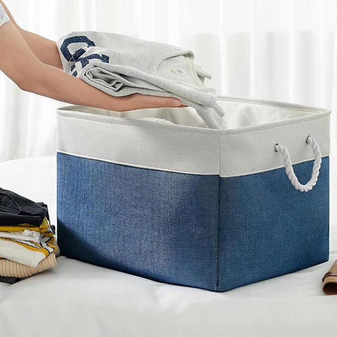 TheWarmHome Organization and Storage Basket for Shelves - Jumbo 3 Pack 20x16x14 inch Collapsible Storage Bins for Organizing, Canves Storage Cubes for Gift Organizer Toys Closet (White & Jean Blue) - Image 4