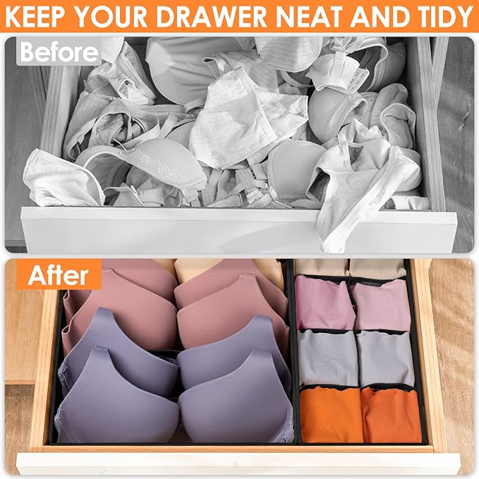6 Pack Sock Underwear Drawer Organizer Dividers, 58 Cell Foldable Fabric Dresser Closet Organizers and Storage Bins for Clothing, Baby Clothes, Bra, Panty, Scarf, Ties (Black) - Image 2