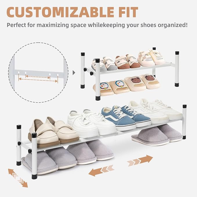 STORAGE MANIAC Expandable Shoe Rack, 4 Pairs Stackable Small Shoe Rack, Metal Adjustable Shoes Organizer for Closet, Entryway, Hallway, Garage, Front Door, Shoes Shelves, White 1 Tier - Image 4