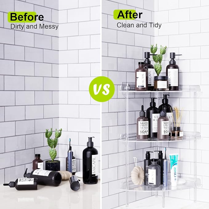 Bakzon Corner Shower Caddy, 3 Tier Acrylic Shower Organizer Corner for Inside Shower, Rustproof Floor Standing Shower Shelves for Bathroom, Clear - Image 8