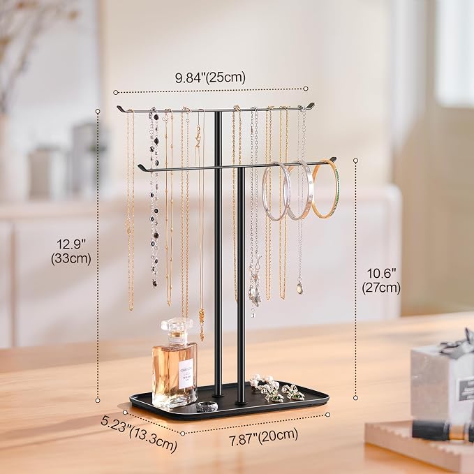 pickpiff Necklace Holder Jewelry Organizer Stand – 2‑Tier T‑Bar Jewelry Display Tree with Tray for Countertop Necklace Bracelet Earring Storage, Vanity Dresser Bathroom Sink, Black - Image 5