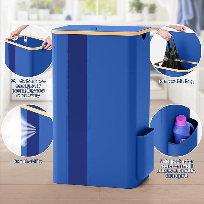 BlissTotes 100L Bamboo Laundry Hamper with Lid, Breathable Mesh Bag & Window, Portable, Moisture Resistant, Blue - Image 5