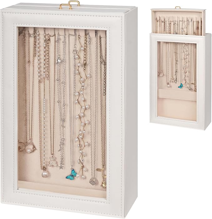 Necklace Organizer Box - 2-Layer Double-Sided Clear Lid Jewelry Storage Case, Anti-Tangle Necklaces Display Holder for Pendants Bracelets, Jewelry Organizer for Women Girls (White) by Exttlliy