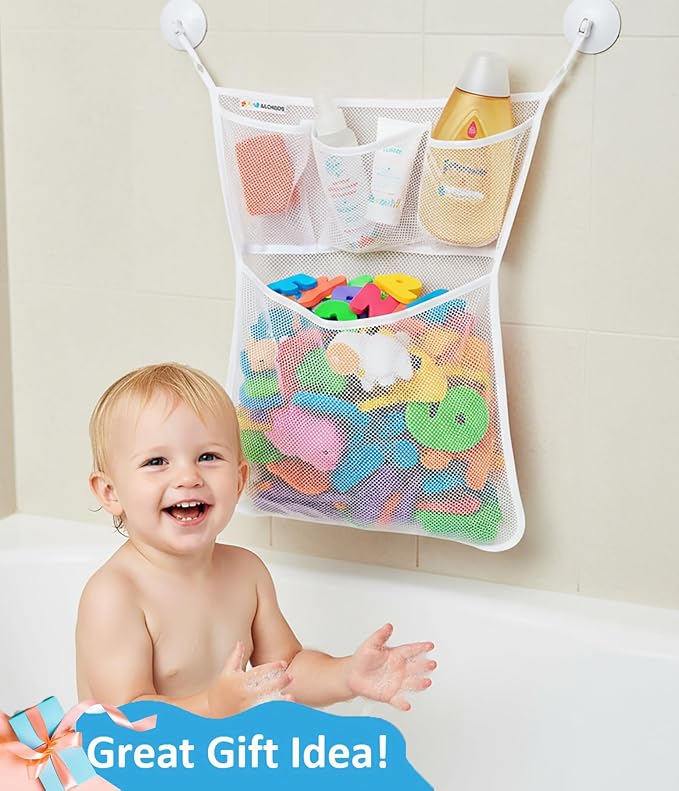 Bath Toy Storage Organizer – Large Mesh Bath Toy Holder & Bath Toy Net for Tub, Quick Dry Bathtub Bag with 2 Strong Suction Cups, 2 Adhesive Hooks, Quick-Dry Hanging Shower Cubby Basket, 14x20 Inch - Image 5