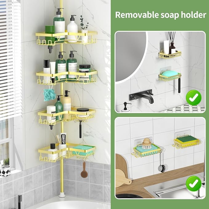 DAOYA Shower Caddy Tension Pole with 2 Soap Holders, Adjustable Corner Shower Caddy, Gold Finish, Expandable 25-114.2 Inches for Bathtub Corner, Bathroom Storage Organizer - Image 3