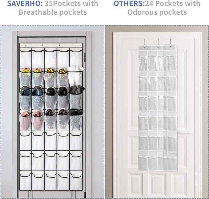 SAVERHO 35 Pockets Over the Door Shoe Organizer, Hanging Shoe Organizer for Door with 35 Mesh Pockets Large Capacity Shoe Hanging Storage Bag with 4 Metal Hooks (White-1Pack) - Image 6