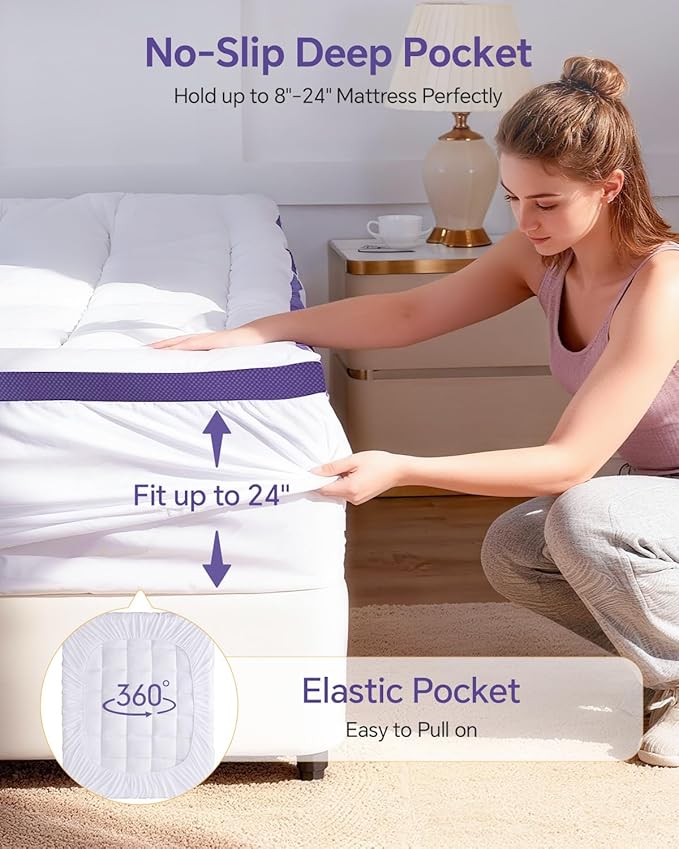 Dual Layer 4 Inch Memory Foam Mattress Topper Full XL - 2 Inch Gel Memory Foam and 2 Inch Pillow Top Mattress Pad,7-Zone Egg Crate Full XL Size Mattress Topper(White)