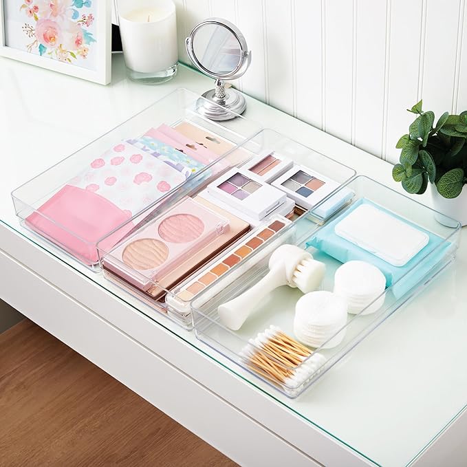 STORi SimpleSort 3-Piece Stackable Clear Drawer Organizer Set | 12" x 6" x 2" Rectangle Trays | Wide Makeup Vanity Storage Bins and Office Desk Drawer Dividers | Made in USA - Image 7