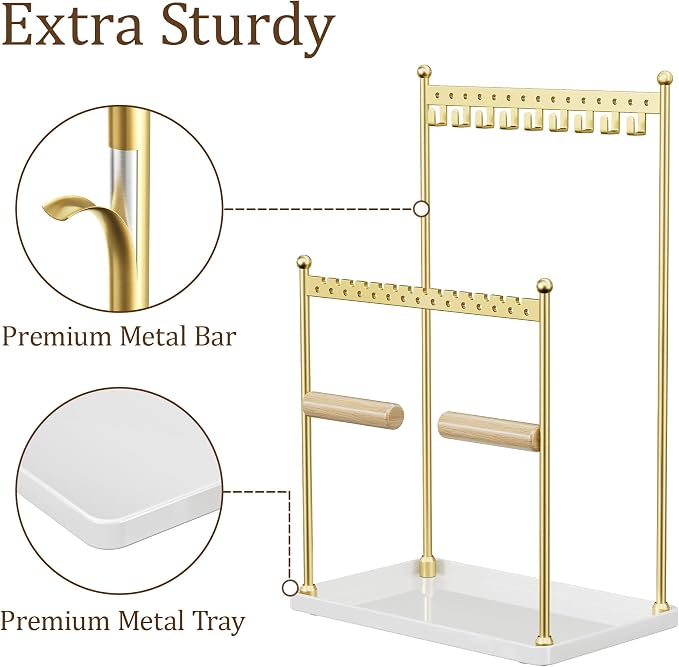 3 Tier Gold Jewelry Stand, Necklace Organizer, Earring Holder with 44 Holes and 9 Hooks, for Necklaces, Bracelets, Rings - Image 6