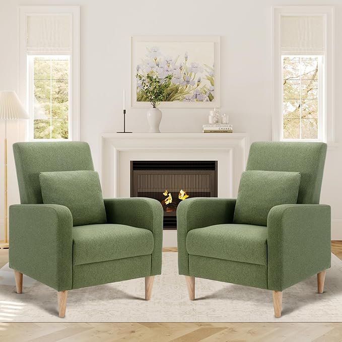 COLAMY Accent Living Room Chairs Set of 2, Upholstered Fabric Arm Chair Reading Side Chair with Back Pillow and Wood Legs, F-Green