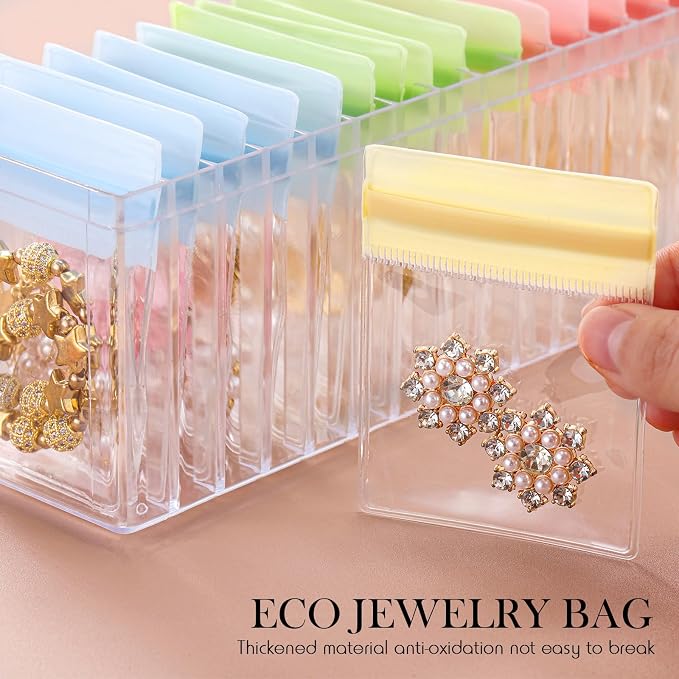 Kenning 63 Pcs Acrylic Jewelry Case Organizer, Clear Jewelry Organizers Holder with Portable Anti Tarnish Storage Bags for Rings, Earrings, Necklaces, Ideal Gifts for Women (Four Color Mixture) - Image 6