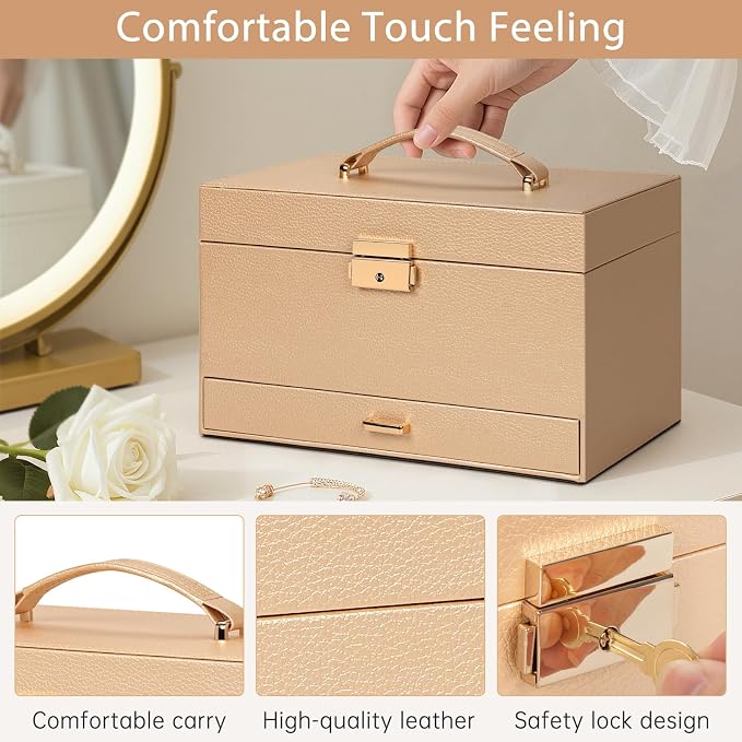 AKOZLIN Travel Jewelry Box Organizer Functional 2-trays Leather Jewelry Storage Case with Lockable Portable Drawer for Women Girls Ring Necklace Earring Bracelet - Image 5
